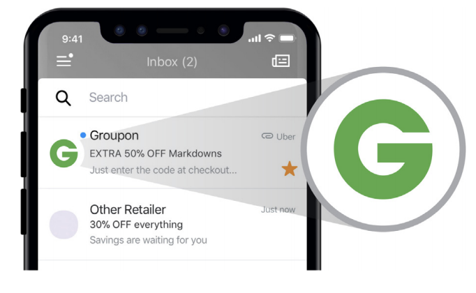 Example of Brand Indicators for Messaging Identification (BIMI) with a screenshot of a Groupon email, highlighting the Groupon logo in the Sender field.