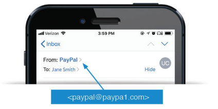 close up of PayPal email spoof in an inbox. Text reads "From: PayPal" with an inset arrow pointing to the sender that reads "paypal@paypa1.com"