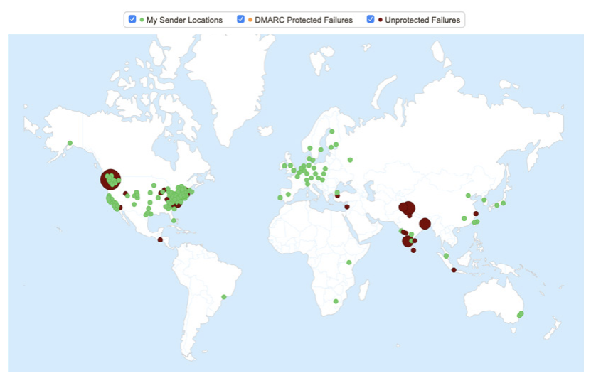 World map with various locations labeled as "My Sender Locations," "DMARC Protected Failures," and "Unprotected Failures"