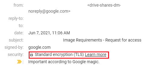 Google email showing TLS